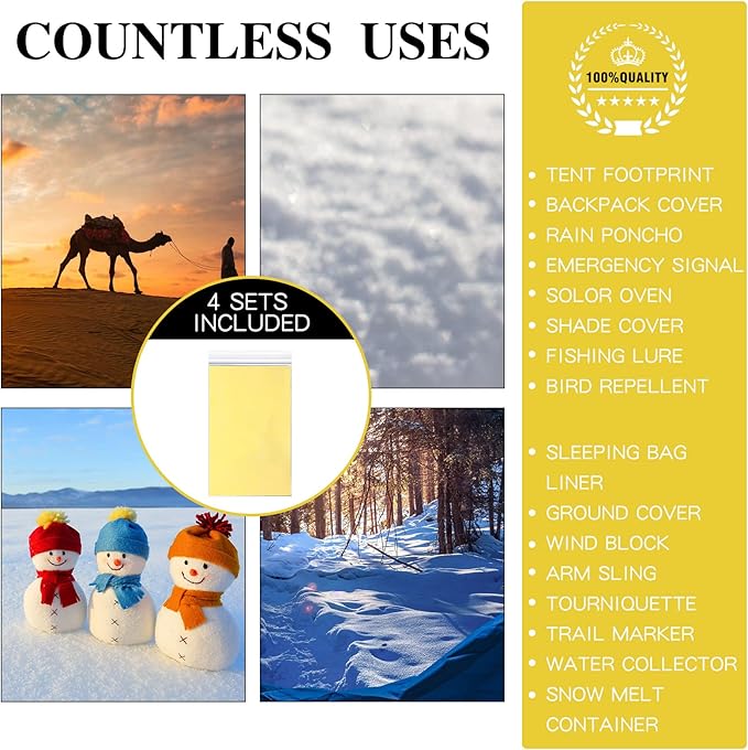 Macarrie 100 Pack Emergency Thermal Blankets Silver Foil Survival Blanket Space Blanket Survival Kit for Outdoors, Camping, Hiking, Homeless, Survival or First Aid (Gold)