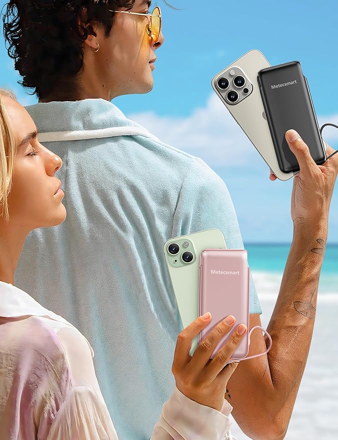 2-Pack 10000mAh Phone Portable Charger Power Bank, Built in Cable and AC Wall Plug, Fast Slim USB C Charging Battery Pack Travel Essentials Compatible with iPhone, Android, Black & Pink