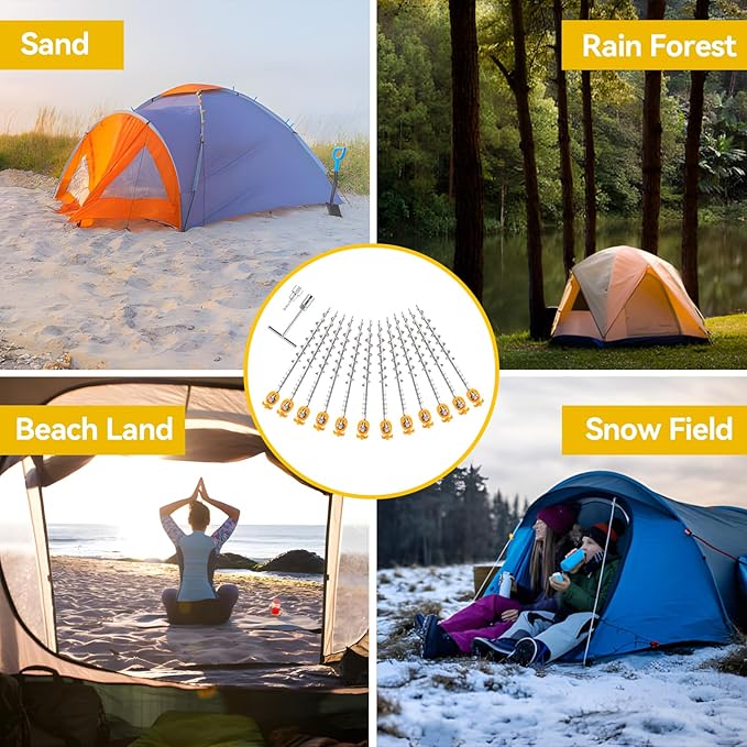12 PCS Screw in Tent Stakes for Women Men - Ground Anchors for Sand, Canopy, Trampolines, Camping Aluminium Heavy Duty Rust Prevention Pegs Drillable Lightweight Safe - Silvery 14 inch