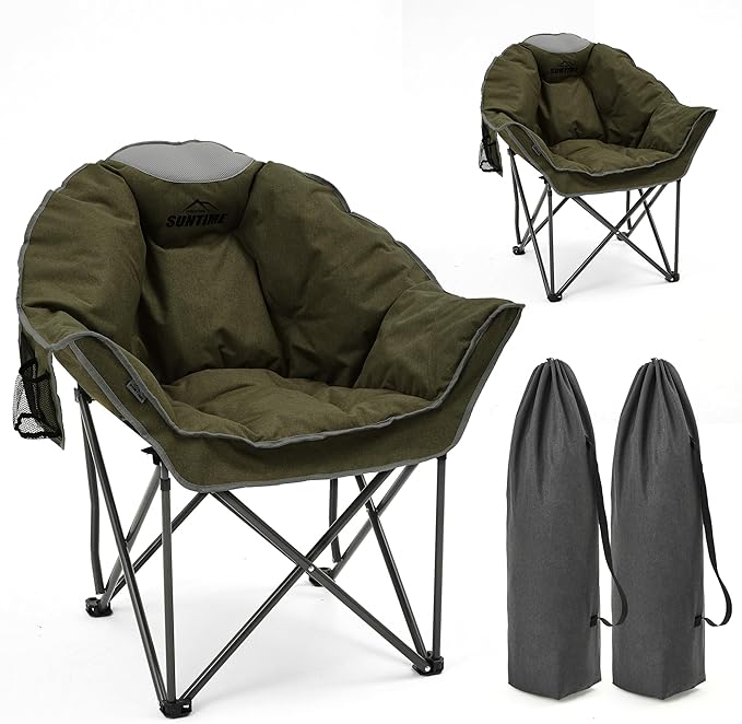 Oversized Padded Comfy Camping Chair for Adults, Portable Padded Lawn Chair, Weight Capacity 400 LBS, Heavy Duty Moon Leisure Folding Chair for Camping, Hiking, Carry Bag, Army Green (2 Pack)