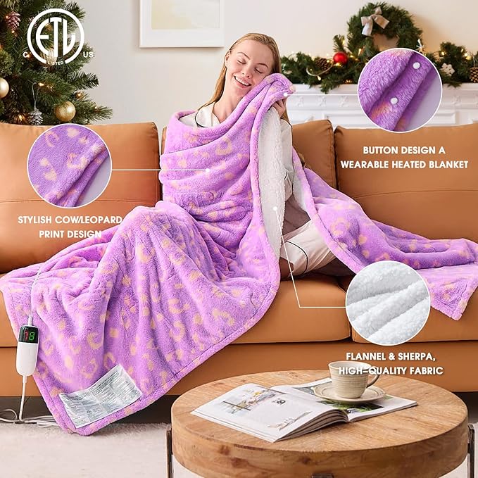 Leopard Print Heated Electric Blanket Full Size,72X84 Purple Heating Blanket with 10 Heats Levels & 8 Hours Auto Off,Cute Fleece Sherpa Blankets Warmer Gifts for Women Adults,Washable,ETL