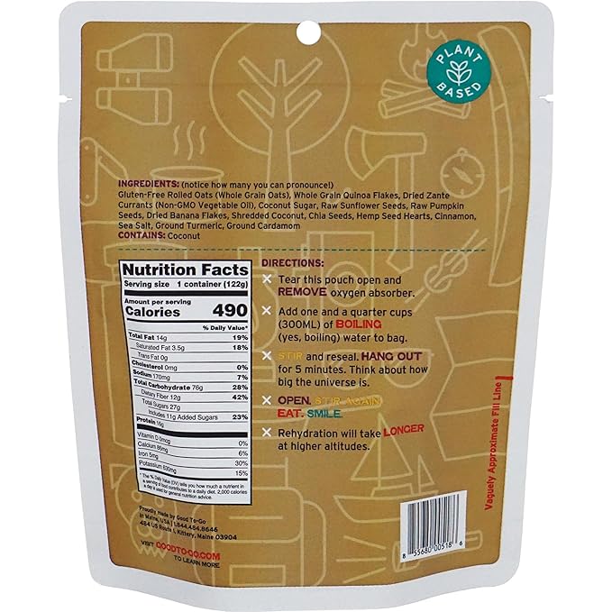 GOOD TO-GO Oatmeal (Single Serving) | Camping & Backpacking Food | Just Add Water Backpacking Meals | Good To-Go Dehydrated Meals Taste Better Than Freeze Dried Food