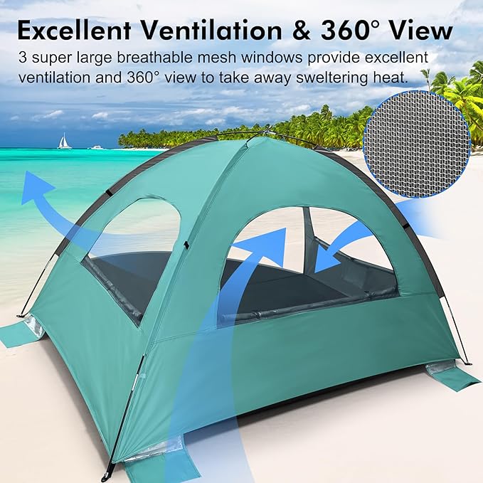 WhiteFang Beach Tent Anti-UV Portable Sun Shade Shelter for 3/4/6/8 Person, Extendable Floor with 3 Ventilating Mesh Windows Plus Carrying Bag, Stakes and Guy Lines