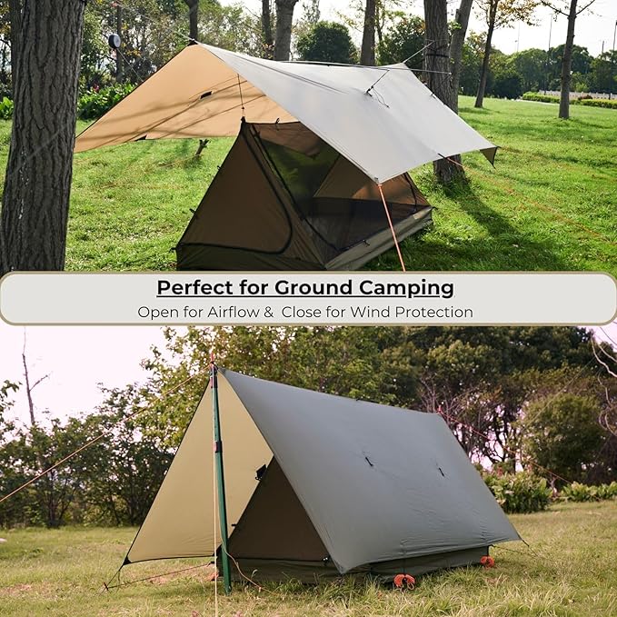 onewind 12×10 ft Hammock Tarp, Ultralight Tarp Silnylon Hammock Rain Fly Lightweight Waterproof Camping Tent Tarp with Doors, Easy to Setup with Stuff Sack, Tent Stakes, OD Green