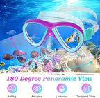 Snorkeling Gear for Kids Ages 5-15, 4 in 1 Mask Fins Snorkel Set with HD Tempered Glass Panoramic View Anti-Fog Mask, Dry Top Snorkel, Adjustable Trek Fins, and Mesh Bag, Kids Snorkel Set for Youth