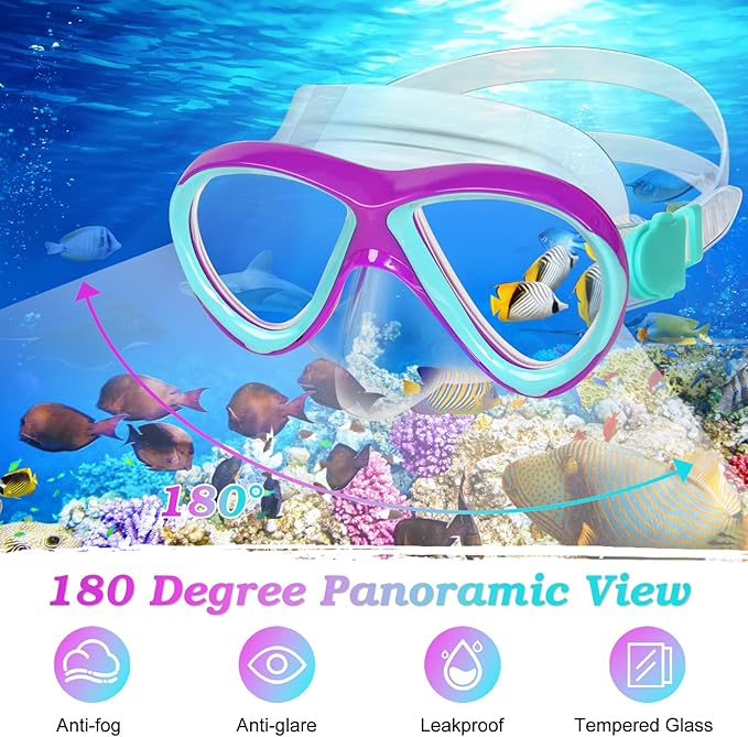 Snorkeling Gear for Kids Ages 5-15, 4 in 1 Mask Fins Snorkel Set with HD Tempered Glass Panoramic View Anti-Fog Mask, Dry Top Snorkel, Adjustable Trek Fins, and Mesh Bag, Kids Snorkel Set for Youth