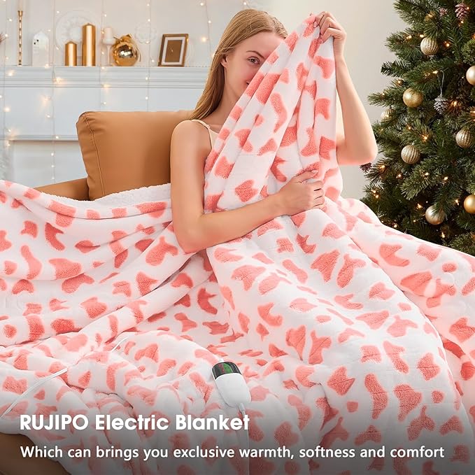 Cow Print Heated Electric Blanket Full Size,72X84 Pink Heating Blanket with 10 Heats Levels & 8 Hours Auto Off,Cute Cow Fleece Sherpa Blankets Warmer Gifts for Women Adults,Washable,ETL