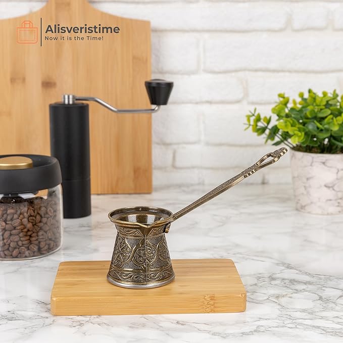 Alisveristime Authentic Turkish Coffee Pot, Handmade Cezve/Ibrik, Multiple Sizes and Colors Available - Enhance Your Coffee Experience Now! (Antique Green, 1 Cup)