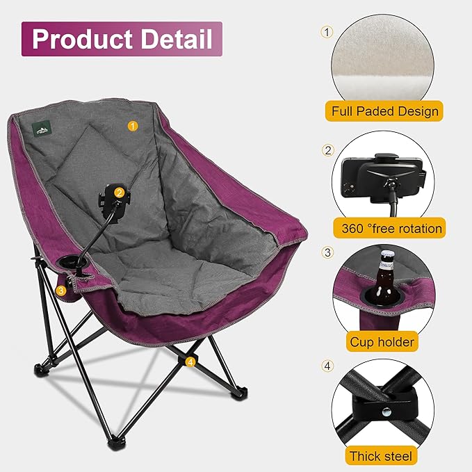 Northroad Oversized Foldable Camping Chair with Cell Phone Holder,Outdoor Padded Lawn Chair w/Cup Holder,Carry Bag for Beach, Hiking, and Picnics,Heavy-Duty 300-lbs Capacity, Purple