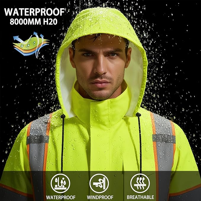 High Vis Reflective Safety Rain Jacket for Men, Class 3 Hi Vis Rain Gear for Construction Workers (Yellow-Black,L/XL)