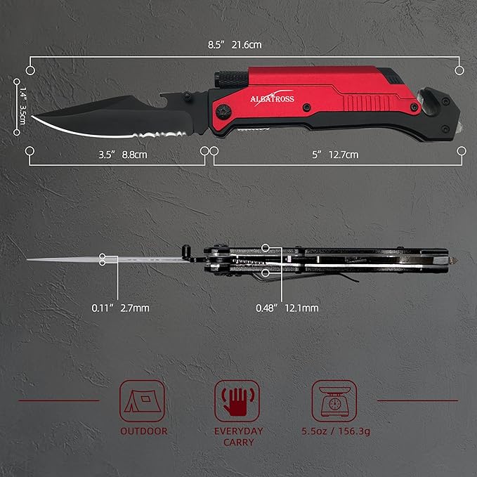 ALBATROSS 7-in-1 Folding Pocket Knife with Glass Breaker, Seatbelt Cutter, Serrated Blade, LED Flashlight, Fire Starter & Bottle Opener - Emergency & Outdoor Tool with Pouch (Red) FK01-RD