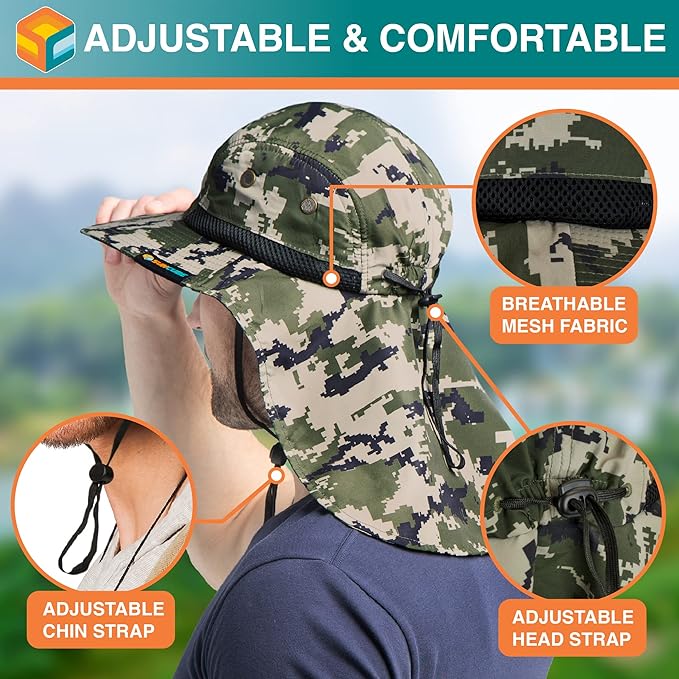 SUN CUBE Sun Hat for Men, Wide Brim Fishing Hat Neck Flap Cover Men, Women, Hiking, Camping, Sun Protection UV, Gardening
