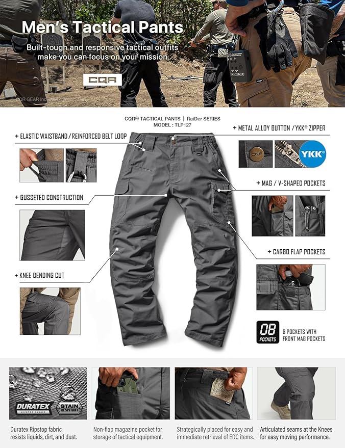 CQR Men's Tactical Pants, Water Resistant Ripstop Cargo Pants, Lightweight EDC Work Hiking Pants, Outdoor Apparel