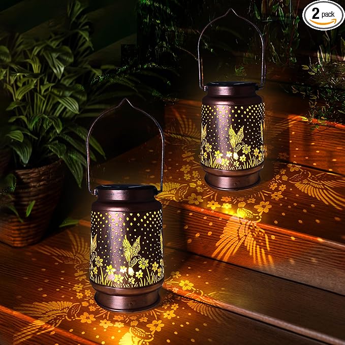 2Pcs Hummingbird Solar Lantern, Outdoor Yard Decorations Lamp Waterproof Metal Garden Patio Decor Hanging Lights for Birthday Mothers Day Women Mom Grandma Sister Friend Daughter Christma Gift Idea