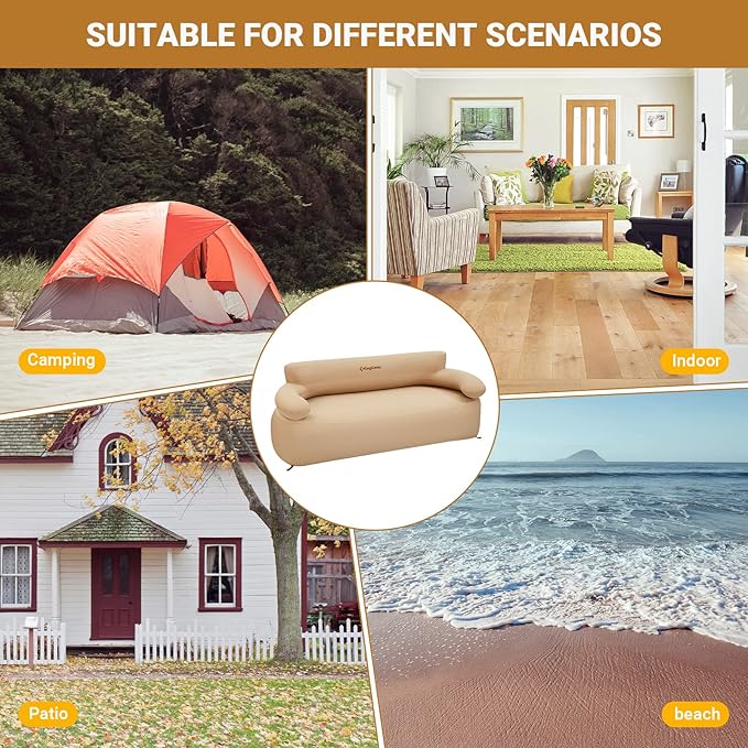 KingCamp Double Inflatable Couch for Camping, Portable Foldable Eco-Friendly Reach-Certified PVC Liner Air Lounger 2-Person Blow Up Sofa with Foot Pump, Pegs, Repair Kit & Removable Cover