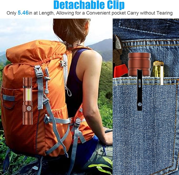 Hoxida Flashlight USB Rechargeable, Magnetic LED Flashlight, Super Bright LED Tactical Flashlight with Cob Sidelight, Waterproof, Zoomable Best Small LED Flashlight for Camping, Emergency - Brwon