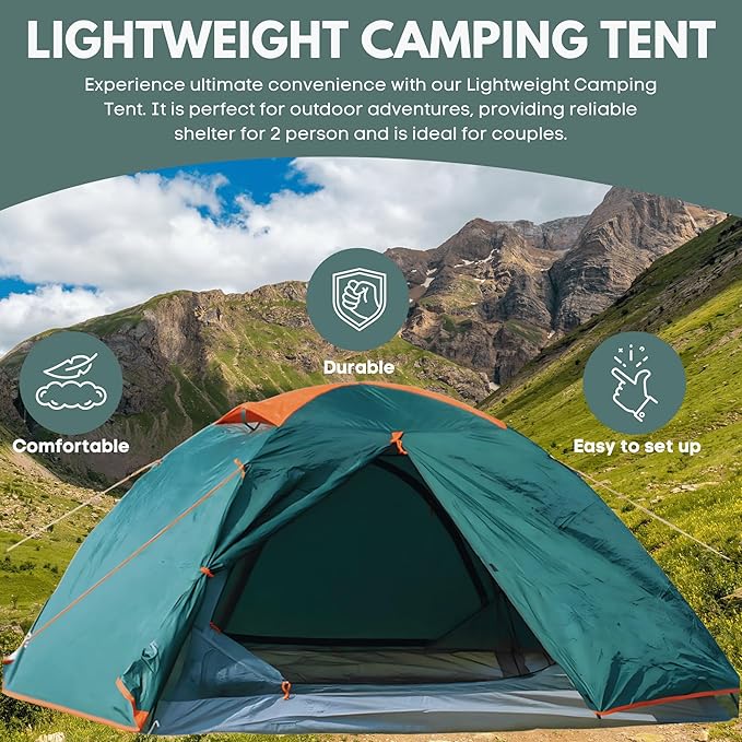 2 Person Tents for Camping, Camping Tent Double Layer Lightweight Waterproof Tent, Windproof with 10 Pegs & 2 Wind Ropes, Ventilated & Bug Free with 2 Mesh Doors for Backpacking, Camping,Hiking