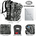 Military Tactical Backpack 50L Large Day Backpack for Men Molle Army 3 Days Assault Pack Bug Out Bag Water Resistant and Heavy Duty Hiking Treeking Rucksack - Black Digital Camo