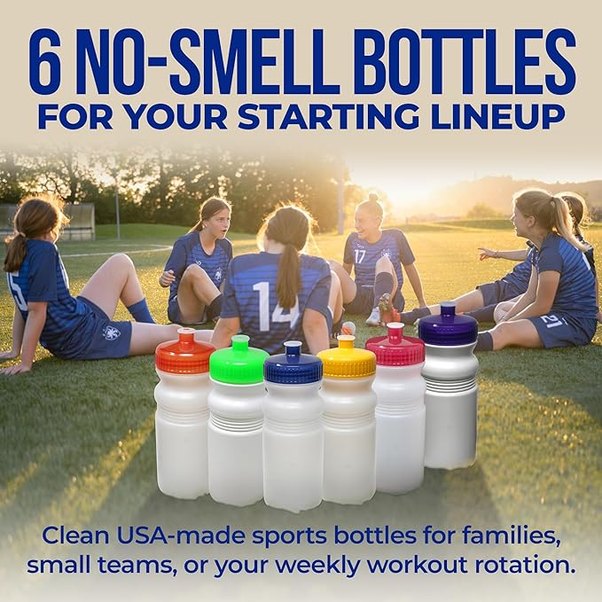 Rolling Sands USA Made 20 Ounce Sports Water Bottles - 6-Pack BPA-Free Blank Sports Bottles for Small Teams, Adults & Kids - Clear Frost Bottle/Neon Lime Green Lid, No Smell No Taste