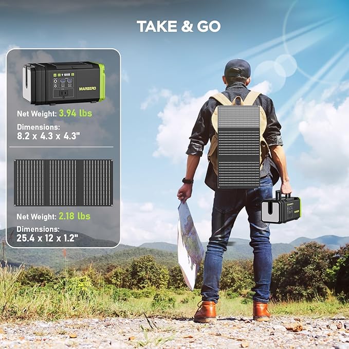 MARBERO 118Wh Solar Generator with Telescopic Camping Lights 32000mAh 160W Max Portable Power Station with Solar Panel Included 30W AC Outlet USB DC Output for Camping Hiking Emergency