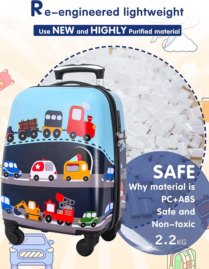 GURHODVO Kids Carry On Luggage Children Rolling Suitcase with 4 Wheels Hardshell Case for Toddler to Travel (Car)