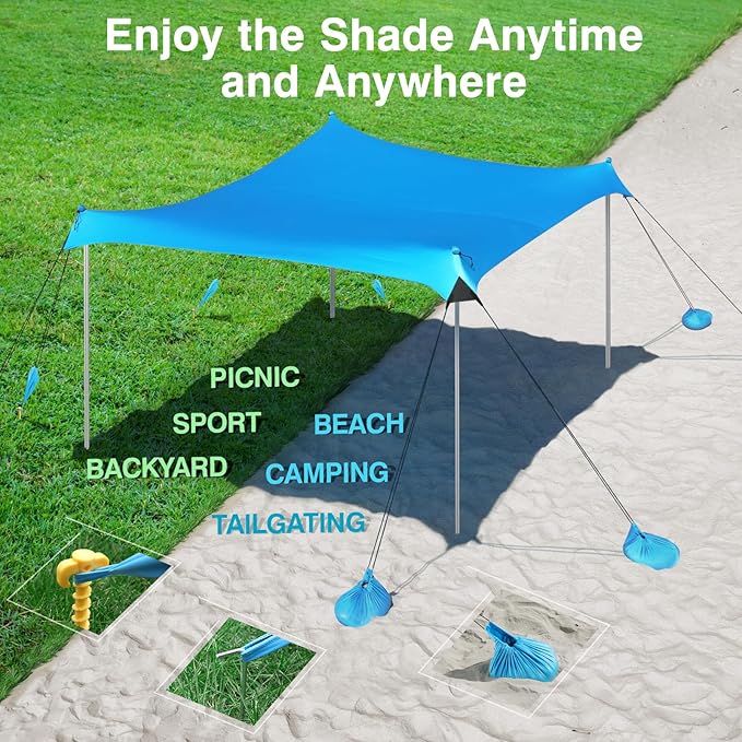 Rhino Valley Beach Tent Shade Canopy UPF50+ Protection, 8 Sandbags, 4 Stability Poles, Outdoor Sun Shelter Umbrella for Sand, Camping, Fishing Essentials