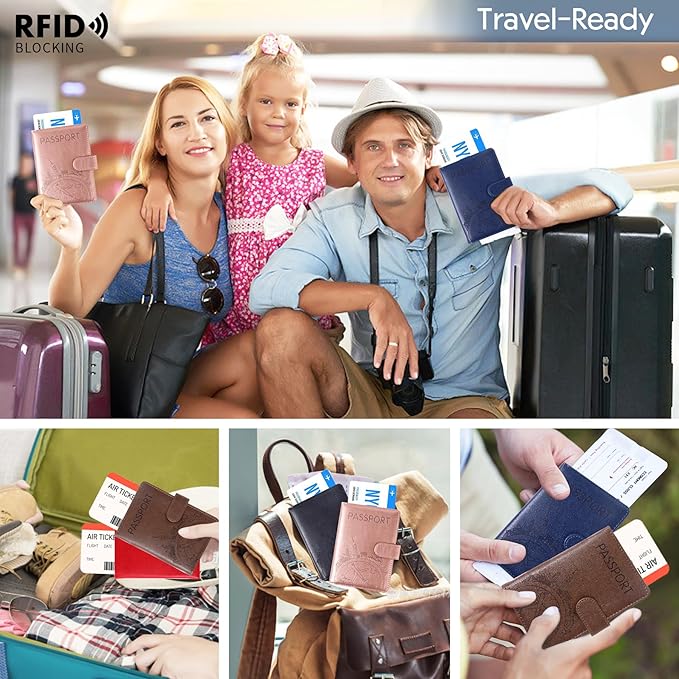 Passport Holder and Card Slot Combo RFID Blocking Leather Family Travel Passport Wallet Travel Accessories for Men Women US Passport Cover Protector (Travel pink)