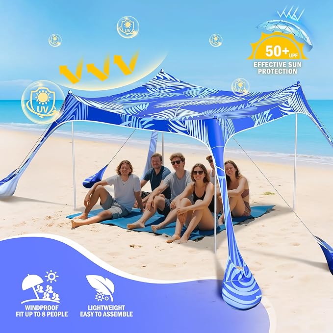2PM SPORTS Beach Tent Canopy with UPF50+ UV Protection, Outdoor Large Beach Sun Shade Shelter for Family Picnic Camping Travel Shore Fishing, 8 Sandbags, Sand Shovel (Areca Palm, 8x8 FT)