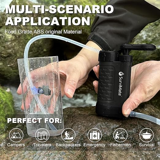 SurviMate Water Purifier Survival Pump，0.01 Micron 5-Stage Water Purifier System，Hand Pump Water Filter Portable Outdoor Emergency，Camping, Hiking, Backpacking
