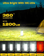 Glocusent 106 LED Camping Lantern Rechargeable, Up to 80Hrs, 5000mAh Lantern with 5 Brightness 3 Modes & SOS, IP68 Waterproof, Max 1200LM, Camping Light for Power Outages Hiking Emergency Hurricane