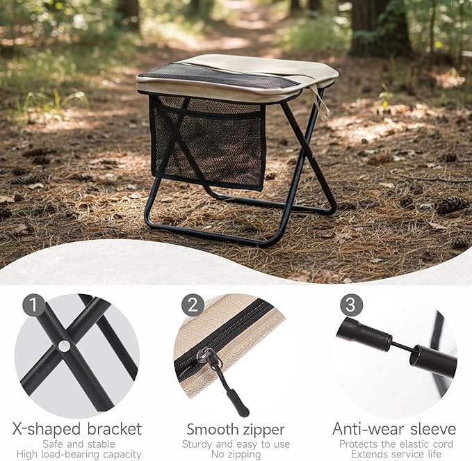 13 x 10.6 Inch Portable Folding Camping Stool, Metal Frame with Storage Mesh, Small Folding Stool for Adults Lightweight Outdoor Seating for Camping Fishing Hiking BBQ Hold Up to 265 LBS (Khaki)