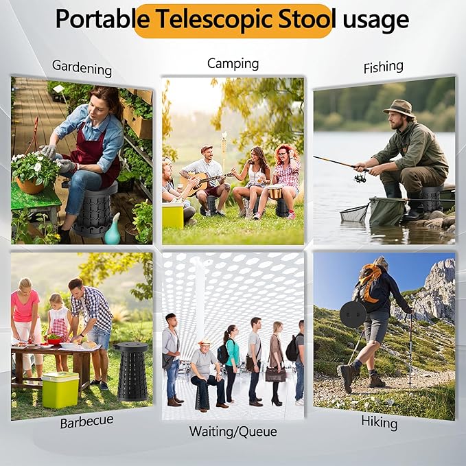 ALEVMOOM 2025 18" H Collapsible Stool Capacity 600lbs Portable Stools for Adults Heavy Duty, Adjustable Height Telescoping Folding Stool, for Outdoor Camping Travel Hiking Fishing