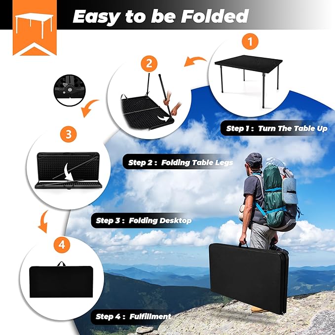 34" Camping Table, Portable Square Camping Card Table with Collapsible Legs & Carrying Handle, Plastic Tables for Outdoor Cooking,Camping,Picnic, Office, Party, Black