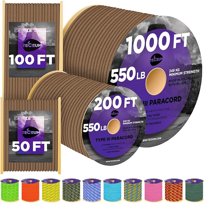 TECEUM 5/32" Paracord Rope 1000 – 1000ft / 200ft / 100ft / 50ft – Tactical Parachute Cord 4mm – 45+ Colors – Nylon String for Survival & Camping Gear – Stripe Cord for Survival – Utility Rope