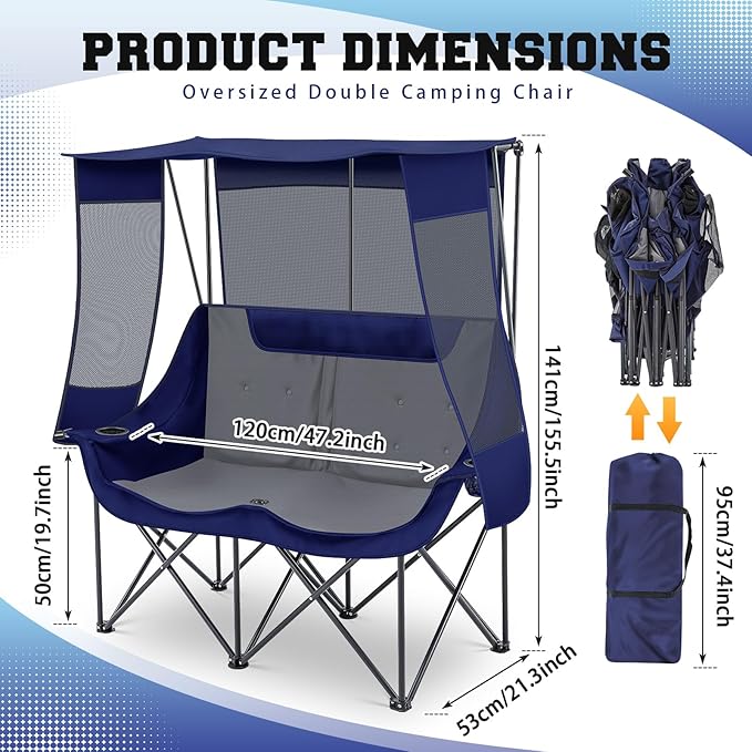Double Camping Chair with Canopy Shade Oversized 2 Person Camping Sofa Fully Padded Folding Loveseat with Cup Hold and Storage Bag Sturdy for Lawn Beach Fall Outdoor Activities(Blue)