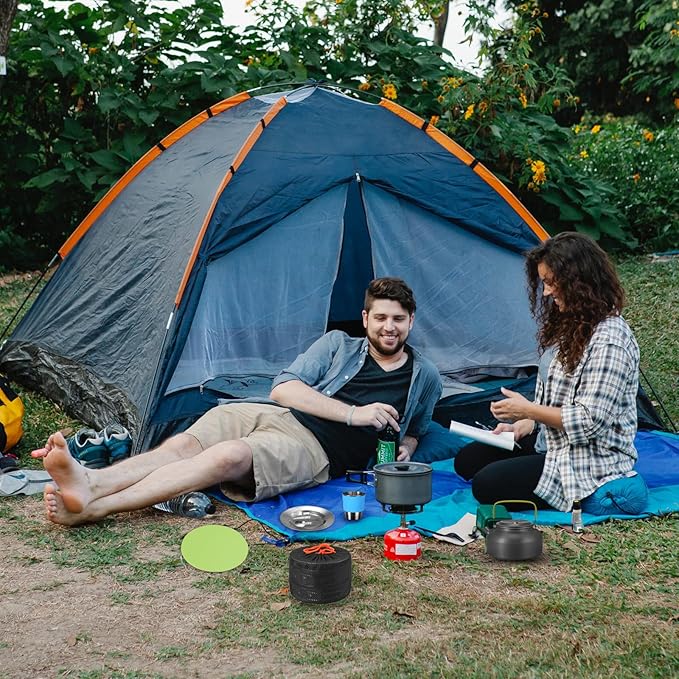 VinTeam 21pcs Camping Cookware Mess Kit with Folding Camping Stove, Lightweight Pot Pan Kettle Set with Stainless Steel Cups Plates Forks Knives Spoons for Camping Backpacking Outdoor Picnic