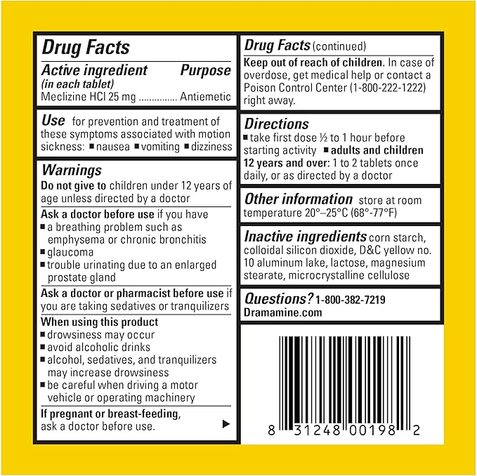 Dramamine Motion Sickness Less Drowsy, Travel Vial, Multicolor, 8 Count