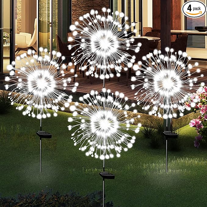 OriginalSourcing Solar Garden Firework Lights Outdoor Waterproof,4 Pack Solar Powered Art Stake Twinkle Lighting Outside Decor,180 LED Sparklers String Lights Yard Pathway Decorations(White)