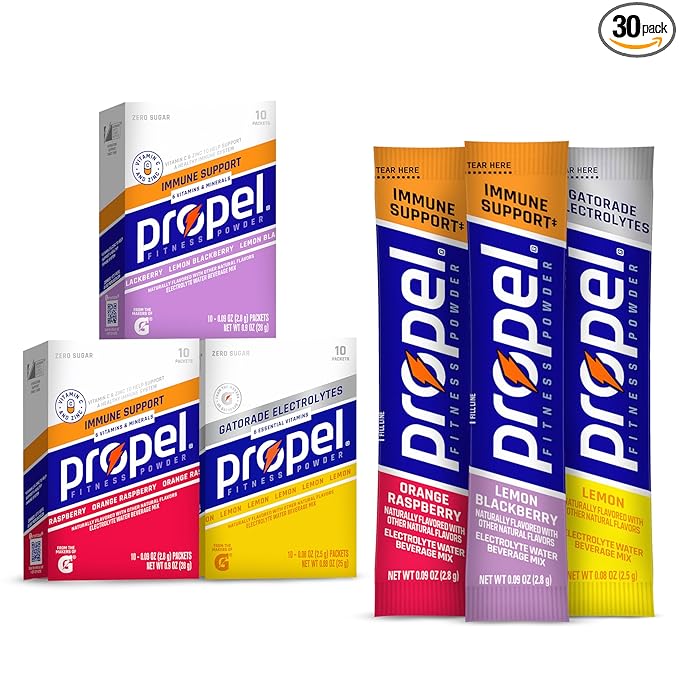 Propel Immune Support Electrolyte Enhanced Water Drink Mix Powder Packets, Variety Pack, 100% DV Vitamin C, Good source of Zinc, Zero Sugar Hydration with Electrolytes and Vitamins (30 Packets)