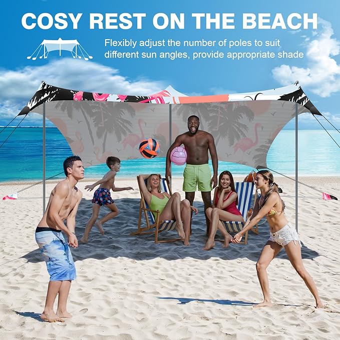 Rhino Valley Beach Tent Shade Canopy UPF50+ Protection, 8 Sandbags, 4 Stability Poles, Outdoor Sun Shelter Umbrella for Sand, Camping, Fishing Essentials