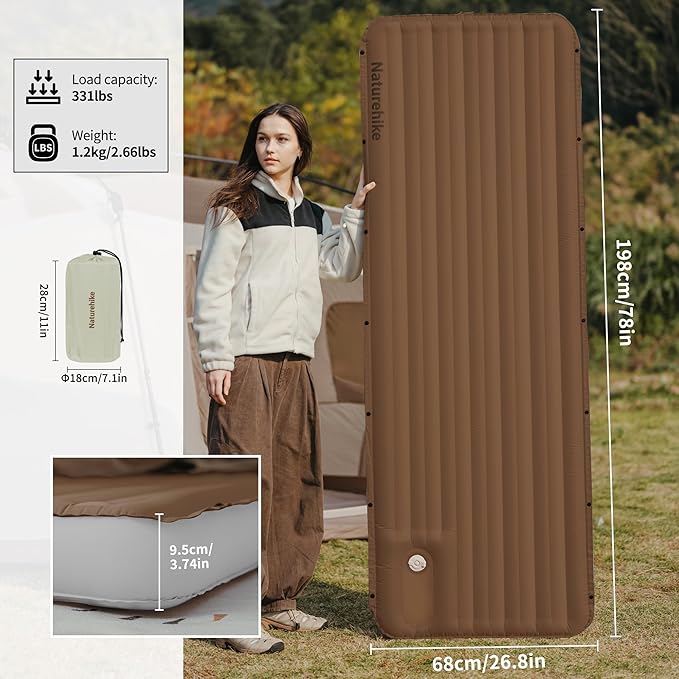 Naturehike Camping Sleeping Pad, Ultralight Inflatable Sleeping Mat with Pillow Built-in Foot Pump, 2.6 Inch Lightweight Air Mattress for Backpacking, Hiking, Traveling (Brown)