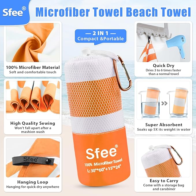 Sfee 2 in 1 Microfiber Oversized Beach Towel, Quick Dry Towel Travel Towel Camping Towel Super Absorbent Compact Lightweight Sports Gym Towels for Beach,Gym, Hiking, Pool, Backpacking, Bath, Yoga