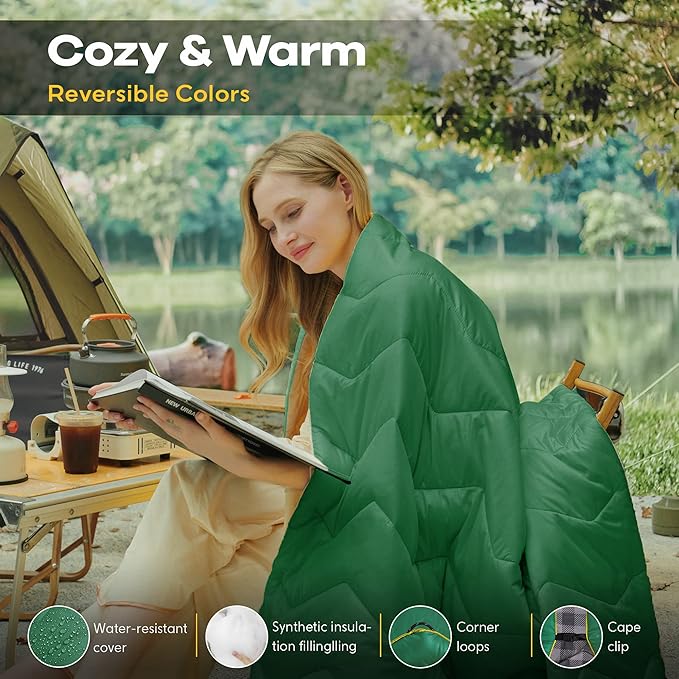 UNIKOME Lightweight & Waterproof Outdoor Camping Travel Blanket, Puffy Down Alternative With corner loops, 75"52", Green