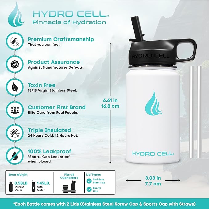 HYDRO CELL Stainless Steel Sport Water Bottle with Straw - Keeps Drinks Cold & Hot via a Leak Proof Metal Triple Insulated Vacuum Flask for All Sports and Outdoors Activities (White 14oz)