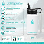 HYDRO CELL Stainless Steel Sport Water Bottle with Straw - Keeps Drinks Cold & Hot via a Leak Proof Metal Triple Insulated Vacuum Flask for All Sports and Outdoors Activities (White 14oz)