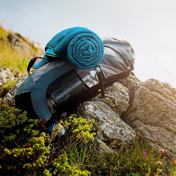 UNIKOME Outdoor Packable Camping Blanket, Lightweight Travel Blanket, Dual-Sides Waterproof Puffy Down Alternative Blanket with Snap Clasps, 75"×52", Lake Blue&Sky Blue