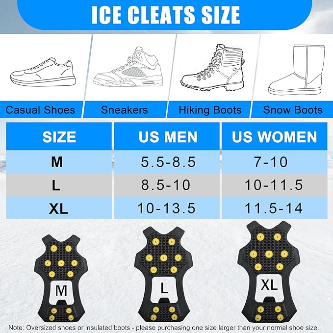 Ice Cleats Snow Traction Cleats for Shoes and Boots Anti Slip Crampons 11 Studs Rubber Walk Traction Grippers Non-Slip Overshoe for Women Men Walking on Snow and Ice