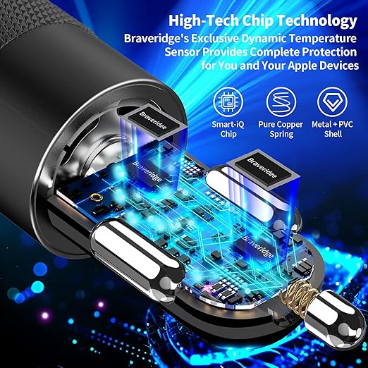 【MFi Certified】iPhone 17 Car Charger Fast Charging, Braveridge 75W USB C PD&QC Car Power Cigarette Lighter USB Charger with 6FT Type C Coiled Cable for iPhone 17/17 Pro Max/16/15/Galaxy S26/S25/Pixel
