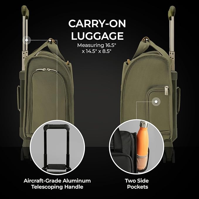 Briggs & Riley Cabin Spinner - Carry On Luggage for Travel, Suitcases with Wheels, Softside Rolling Bag for Men & Women, Fits Under Plane Seat, Interlocking Handle - Baseline Collection, Olive
