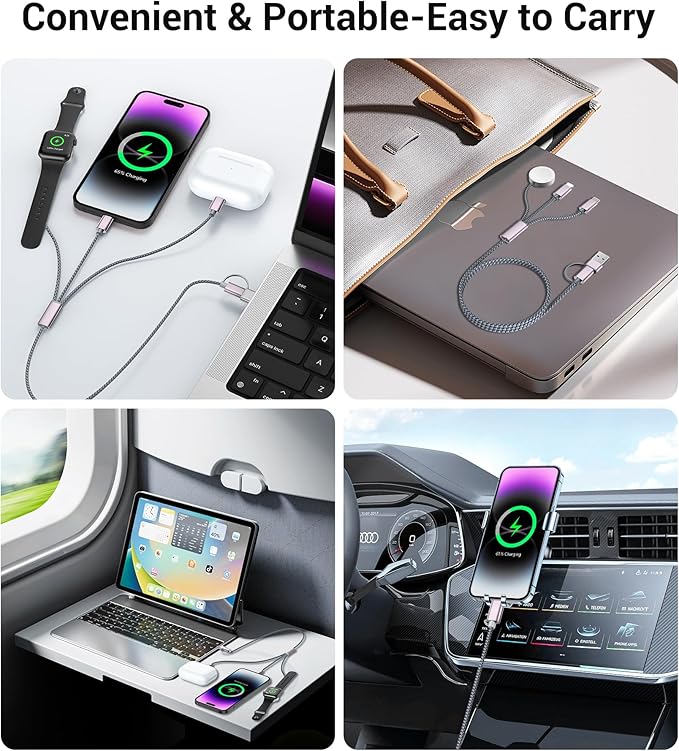 Temdan for Travel Essentials,3 in 2 USB C Cable for Apple Watch Charger/iPhone 17 Charger/Lightning,Multi Charging Cable Cord,Vacation Camping Essentials,Portable Designed for iWatch &iPhone 16-12-4FT